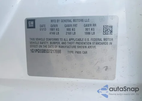 2013 Chevrolet Cruze Ltz из США, поврежденный, VIN 1G1PG5SB5D7217698